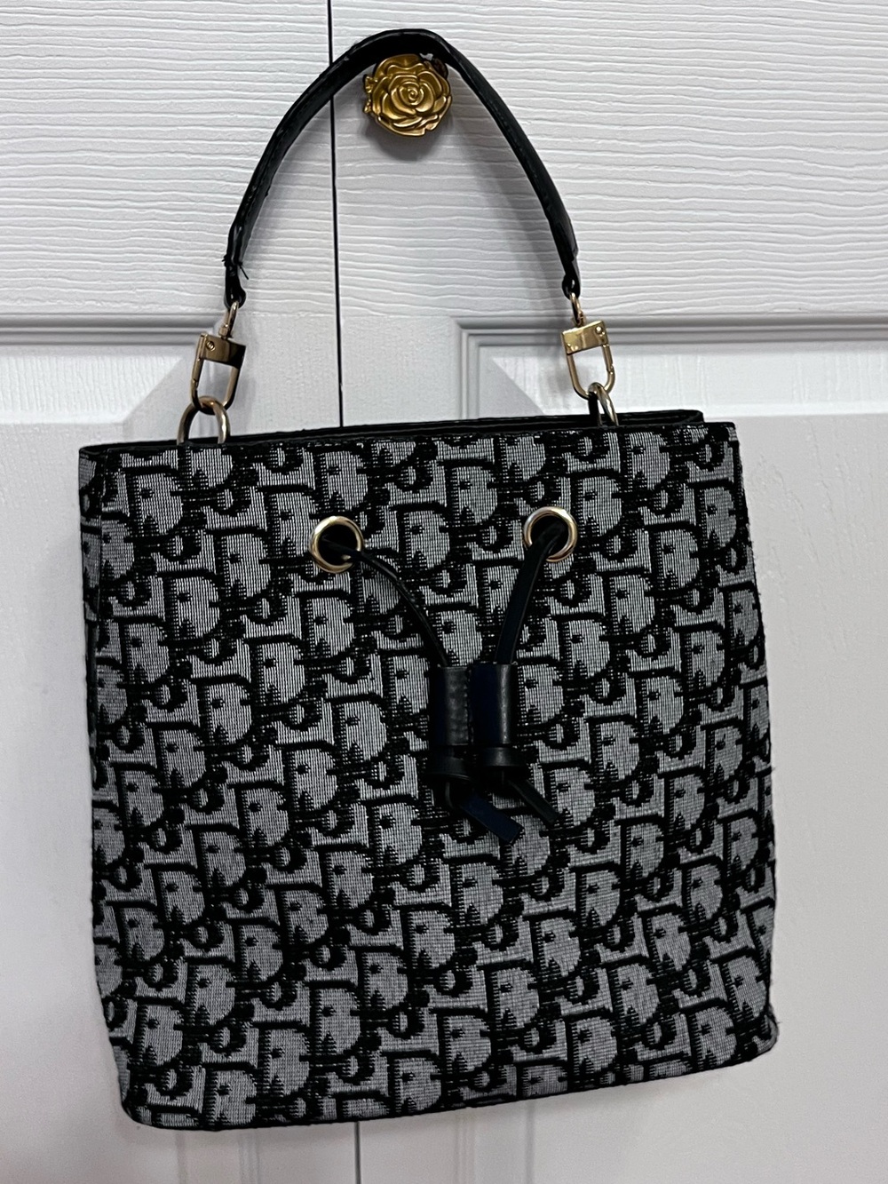 Black and Gray Patterned Drawstring Tote Bag